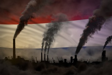 Dark pollution, fight against climate change concept - industrial chimneys dense smoke on Netherlands flag background - industrial 3D illustration