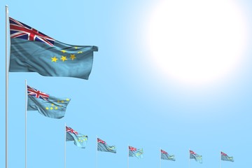 wonderful holiday flag 3d illustration. - many Tuvalu flags placed diagonal on blue sky with place for your content