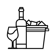 wine bottle in bucket with ice and cup glass line style