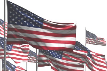 cute memorial day flag 3d illustration. - many USA flags are wave isolated on white