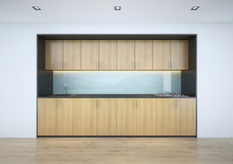 Fototapeta premium wood modern kitchen room in front view.3d rendering