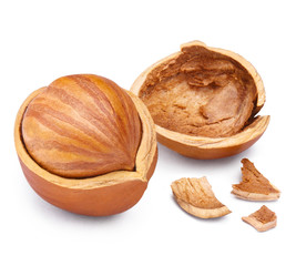 Close-up of a ripe hazelnut, isolated on white background