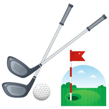 Golf set. Color image of cartoon putter with ball and playground on white background. Sports equipment. Vector illustration.