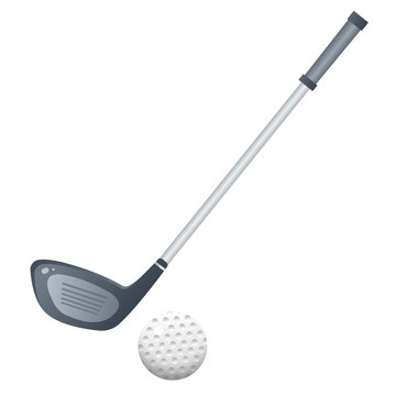 Color image of cartoon putter with golf ball on white background. Sports equipment. Golf. Vector illustration.
