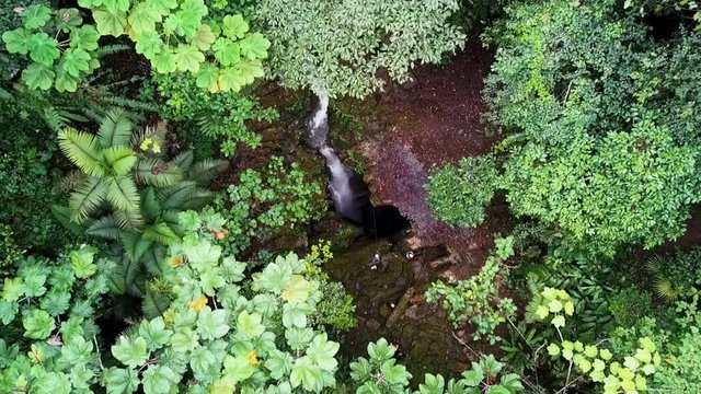 Dropdown view of cascade into an amazon cavern in Ecuador