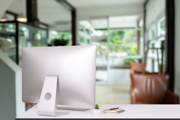 laptop monitor digital pc desk Workspace  Keyboard,blank screen coffee cup on a table in bright office room interior,Stylish workspace with desktop computer, office supplies