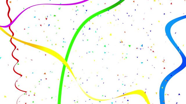 Carnival festive background. Serpanrin flying ribbons and falling triangular confetti. Christmas decoration for festive mood. Camera flies around the scene. Seamless looping. Alpha channel present