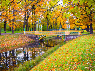 Saint Petersburg. Russia. City of Pushkin. Tsar's village. Bridge. Autumn in the Alexandrava park....