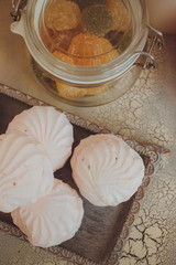 Homemade zephyr or marshmallow on white background. Russian Meringue, Zephyr