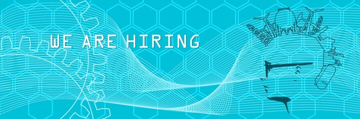 The choice of the best suited employee. Man silhouette with industrial icons as a hair. HR job seeking concept. Modern futuristic virtual abstract background. We are hiring text