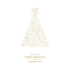 Merry Christmas and Happy New Year. Greeting card with tree. Vector