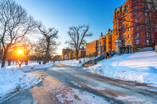 View on Boston public garden at winter sunset