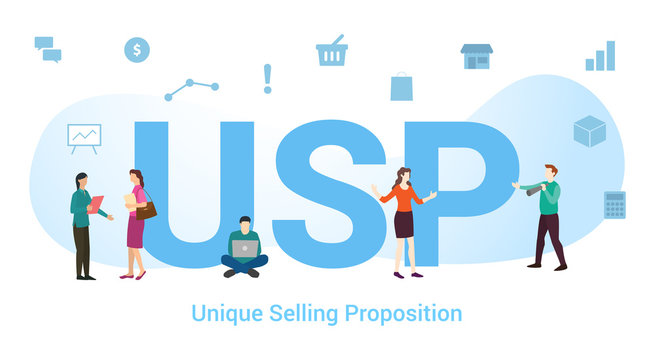 usp unique selling proposition concept with big word or text and team people with modern flat style - vector