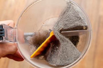 Vacuum cleaner container full of dust, fur, hair close up. Pet allergy.