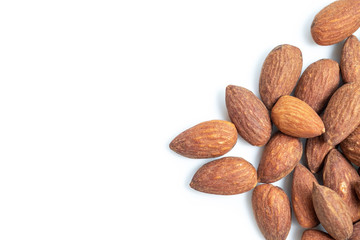 Flavored almonds on white background.