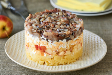 Layered salad with salted herring and apples