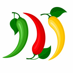Set with juicy colored chili peppers and leaves on a white background.