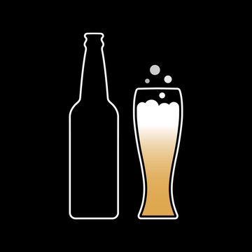 Illustration of a glass bottle and a mug containing beer and foam with bubbles. Dark background for menu design.