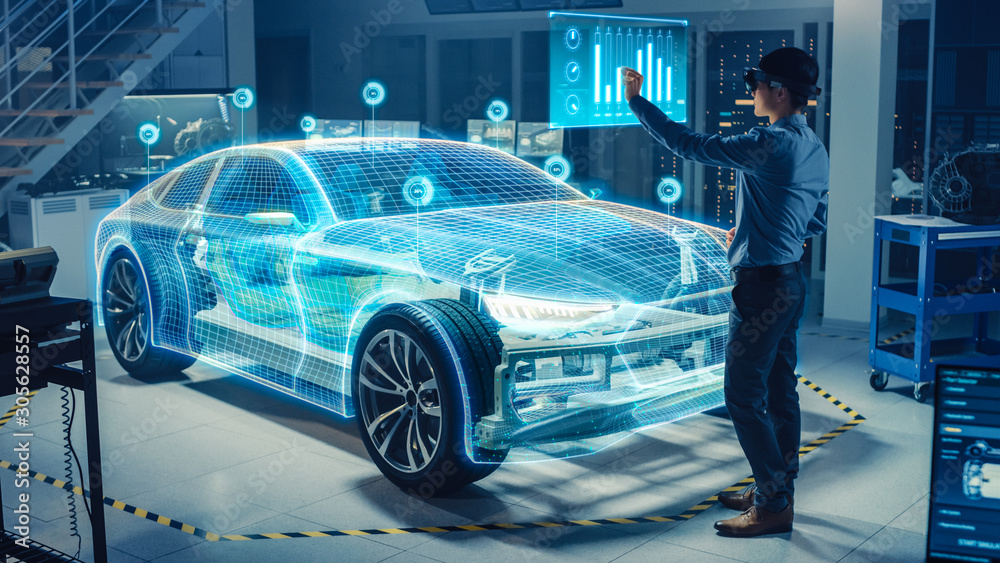 Poster Automotive Engineer Use Virtual Reality Headset for Virtual Electric Car 3D Model Design Analysis and Improvement. 3D Graphics Visualization Shows Fully Developed Vehicle Prototype Analysed Optimized