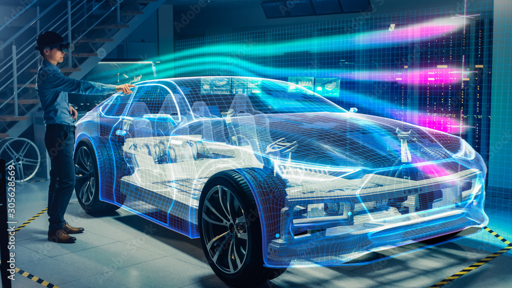 Poster Engineer Wearing Augmented Reality Headset Working on New Electric Car Chassis Platform. 3D Graphics Visualization Virtual Model of a Vehicle is Tested in Digital Wind Tunnel.