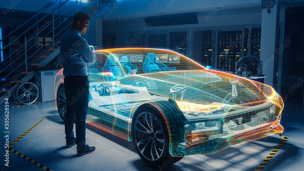 Poster in automotive innovation facility automobile design engineer working on 3d holographic model project