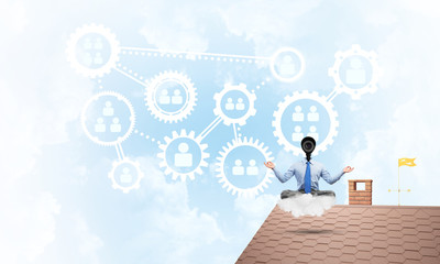 Concept of security and privacy protection with camera headed man meditating