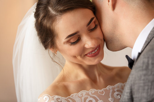 First meeting and first kiss of bride and groom at wedding day
