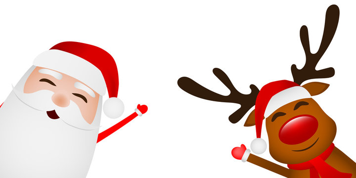 Cartoon funny santa claus and reindeer waving hands isolated on white