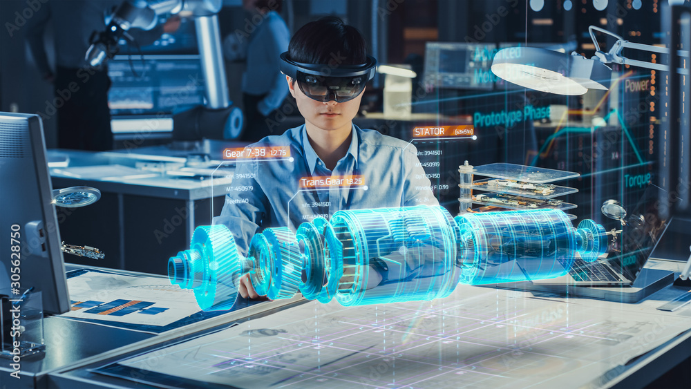 Poster industrial factory chief engineer wearing ar headset designs a prototype of an electric motor on the