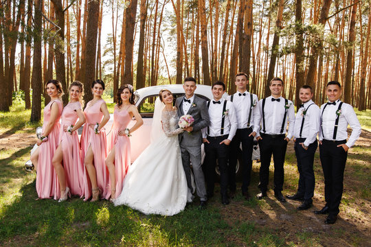 Group wedding photography. Bride and groom near wedding guests, bridesmaids in pink dresses and groomsmen with bow ties and suspender. Stylish and elegant wedding