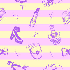 Accessories for women, fashion theme. Seamless pattern. Seasonal sale and discounts. Jewelry, cosmetics, perfume, wear, purse and other women stuff. Colorful vector background.