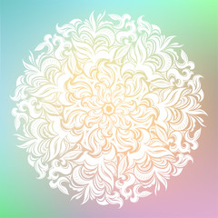 Round mandala on dreamy of solar gradient background. Translucent mesh pattern in the form of a mandala with floral patterns. Yoga template