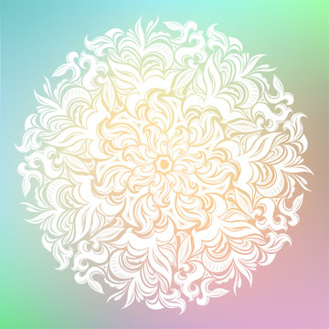 Round mandala on dreamy of solar gradient background. Translucent mesh pattern in the form of a mandala with floral patterns. Yoga template