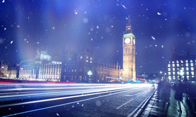 Snowfall in London at winter.
