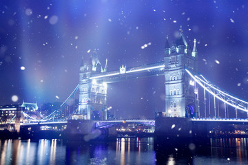 Famous Tower Bridge in snowfall, London, England
