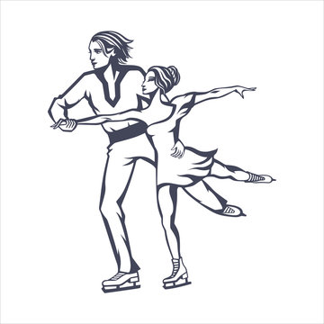 pair figure skating, man and woman skating together, isolated graphic monochrome image