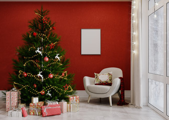Merry Christmas and Happy new year, Christmas living room with a Christmas tree with armchair. 3D illustration