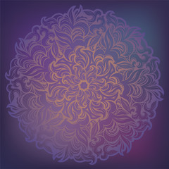 Round mandala on dreamy gradient background. Translucent mesh pattern in the form of a mandala with floral patterns. Yoga template