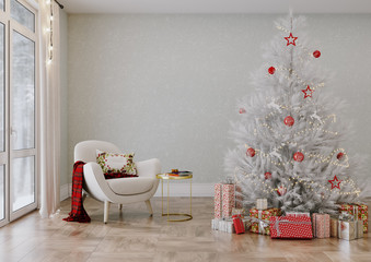 Christmas living room with a White Christmas tree and gifs on white background with armchair. 3D illustration