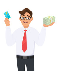 Happy young businessman showing credit, debit, ATM card. Person holding bunch of cash, money, currency notes in hand. Male character design illustration. Modern lifestyle concept in vector cartoon.