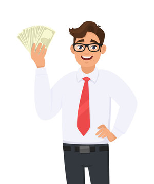 Young businessman showing cash, money in hand. Person holding currency notes and posing hand on hip. Male character design illustration. Business and financial, lifestyle concept in vector cartoon.