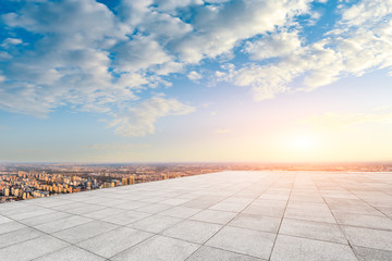 Empty floor and city skyline with beautiful clouds scenery in Shanghai at sunset.high angle view.