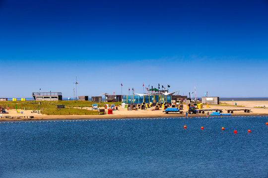 View of the beach area of the family lagoon Perlebucht, B&uuml;sum, North Sea, Germany
