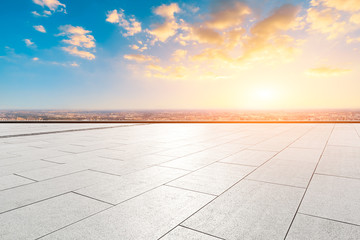 Fototapeta premium Empty floor and city skyline with beautiful clouds scenery in Shanghai at sunset.high angle view.