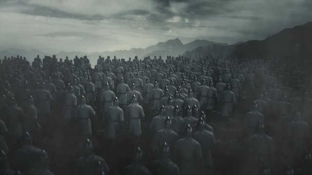 Big Army of Saxon Soldiers Marching into a Battlefield