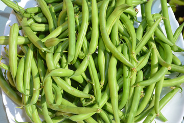 Snap beans on the plate. Green beans casserole, string beans, or snap beans. Vegan Food.