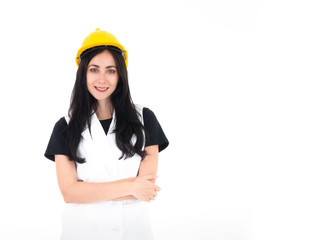 Professional construction labor woman leadership smile and confident portrait with yellow hardhat helmet for safety life in her job on white isolated background