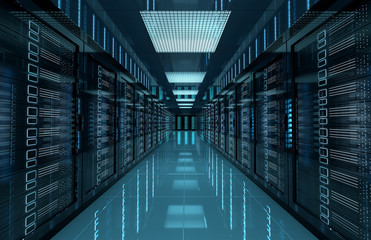 Fototapeta premium Dark servers center room with computers and storage systems 3D rendering