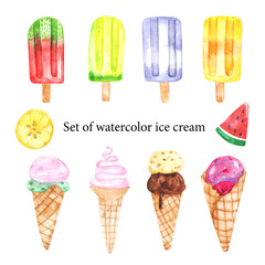 Watercolor ice cream Popsicle cone sweetness fruit ice set for summer colorful