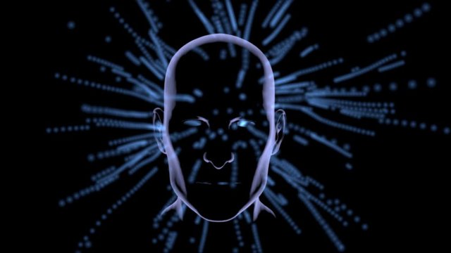Streaming  Glowing particles , energy trails entering into face . 3d animation Uploading, downloading conciousness , data , supernatural themes
